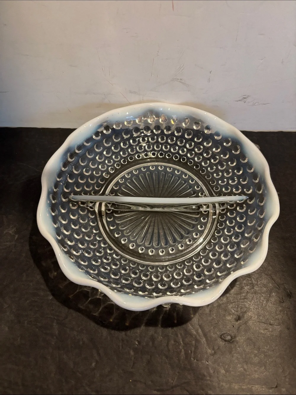 Anchor Hocking Moonstone Hobnail Divided Serving Dish Opalescent Glass